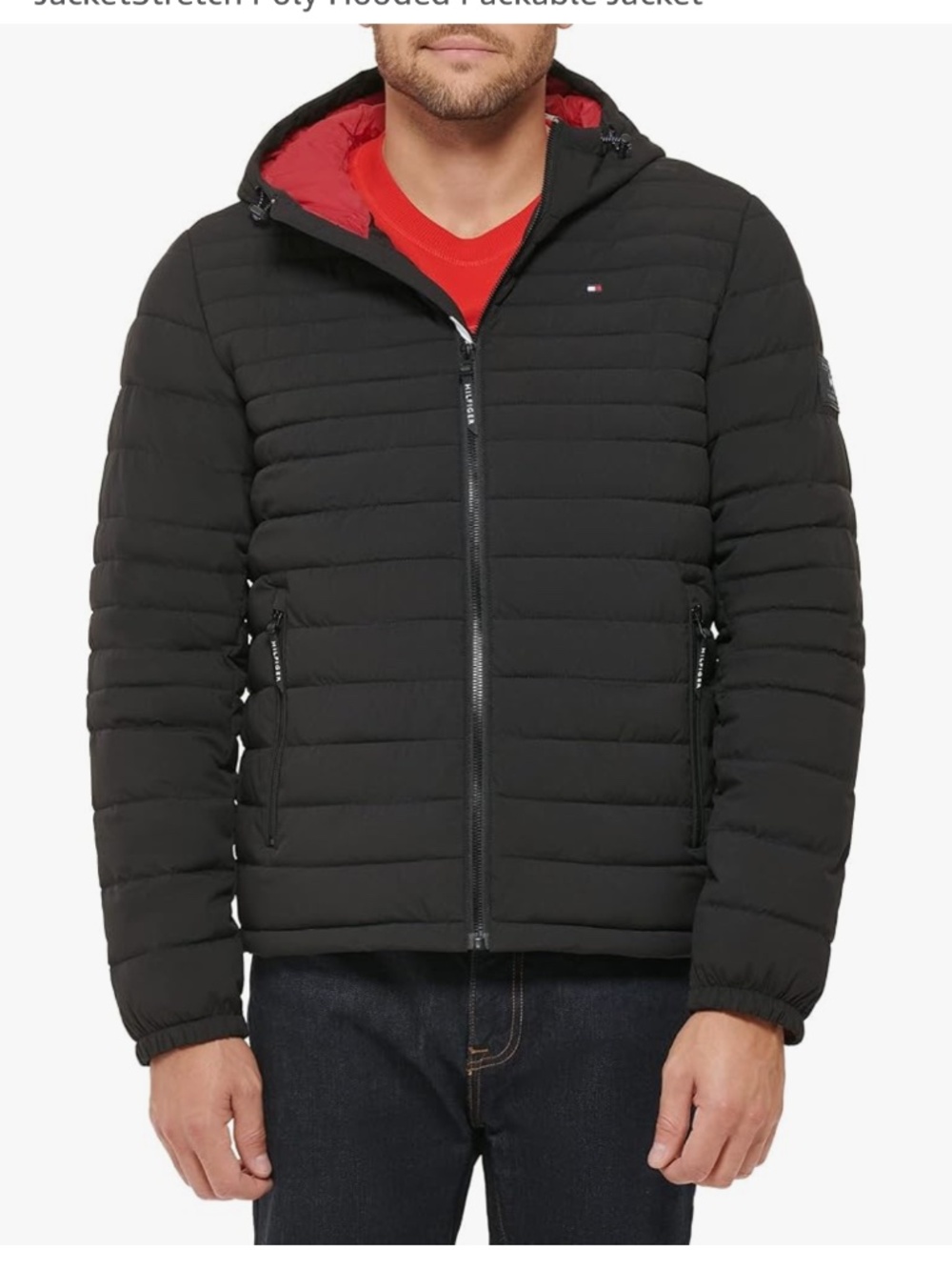 Tommy Hilfiger Mens Sherpa Lined Hooded Packable JacketStretch Poly Hooded Packa